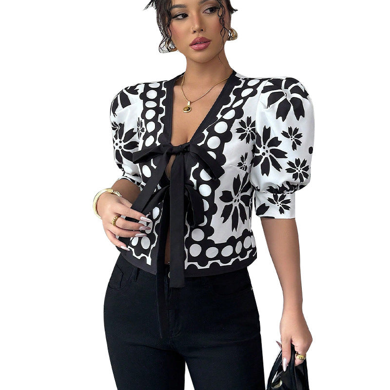 Summer New French Pattern Lantern Half Sleeve Shirt