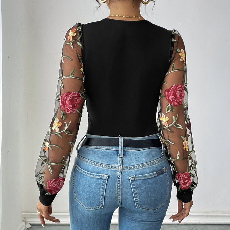 Sexy Romantic Retro Style Lace Long Sleeve Embroidered V-neck Jumpsuit