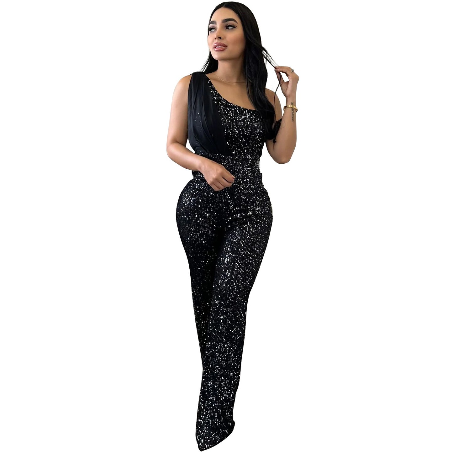 Women's Solid Color Sleeveless One-shoulder Sequined Trousers Jumpsuit