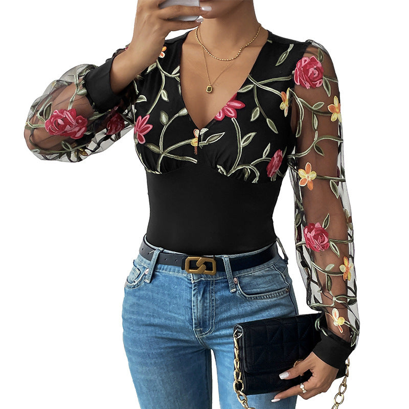 Sexy Romantic Retro Style Lace Long Sleeve Embroidered V-neck Jumpsuit