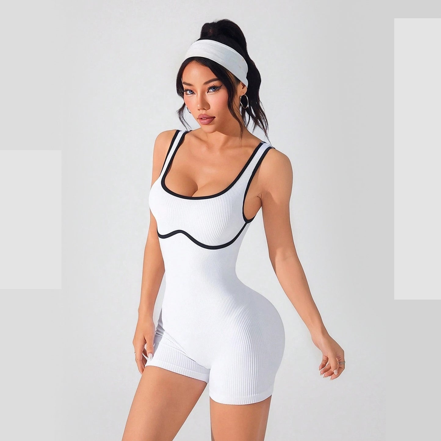 Elastic Contrast Color Yoga Jumpsuit Tight