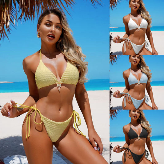Solid Color Bikini Big And Small Chest Gathered Hot Spring Beach Swimsuit