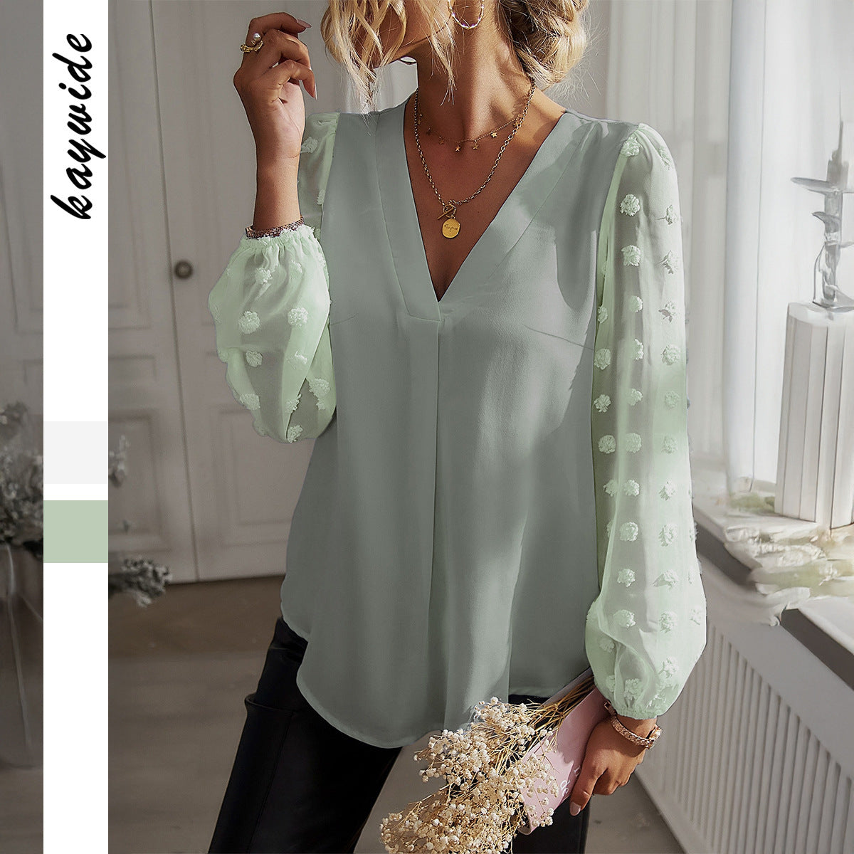 Casual Vacation Style V-neck Long Sleeve Blouse