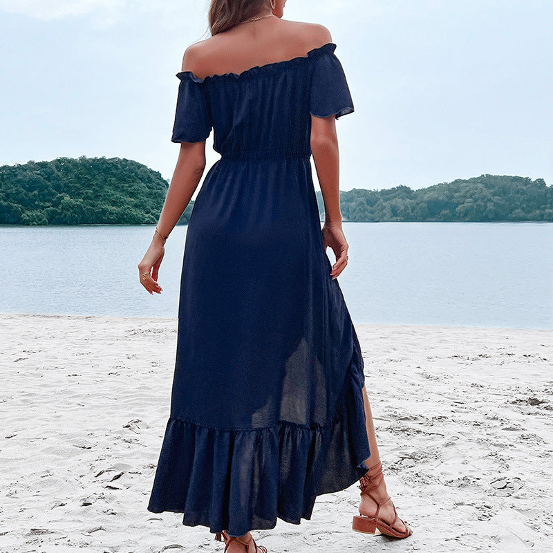 Fashion Women's Wear Off-shoulder Ruffle Sleeve Irregular Dress