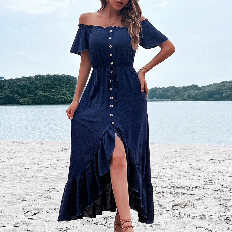 Fashion Women's Wear Off-shoulder Ruffle Sleeve Irregular Dress
