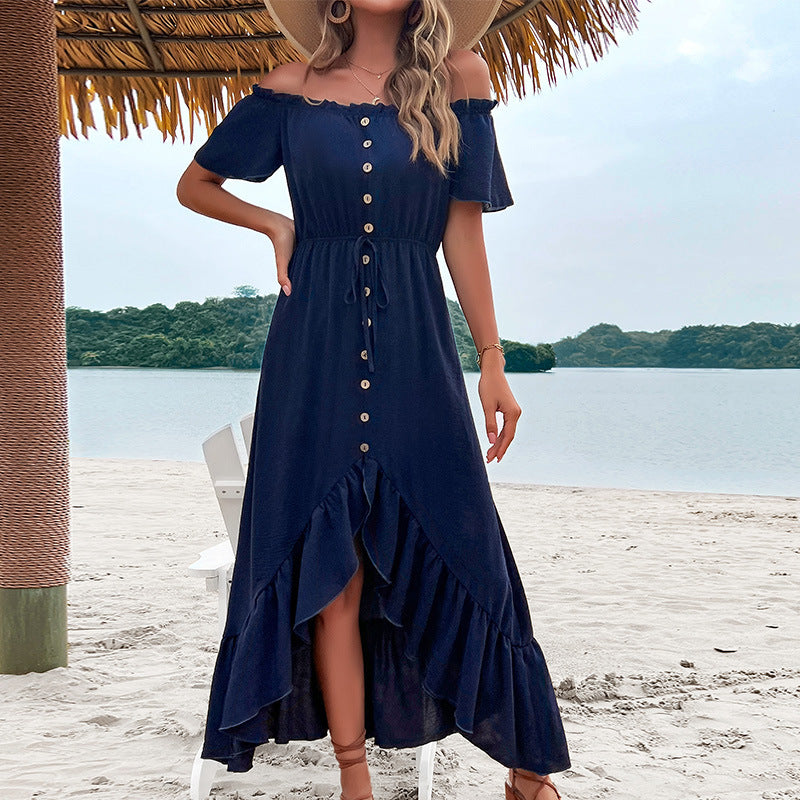 Fashion Women's Wear Off-shoulder Ruffle Sleeve Irregular Dress