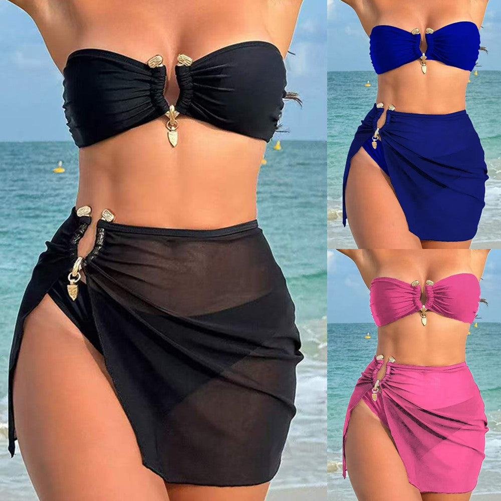 Solid Color Backless Sexy Three-piece Suit Bikini Beach Swimsuit